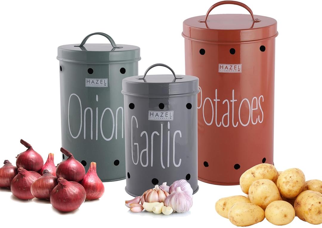 Hazel Steel Canisters Set with Lids for Potato Onion Garlic  3 Pc, 80oz/120oz/160oz, 79 Inch (Multi)