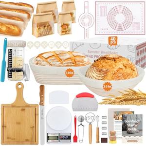 Aliggbent 40Pcs Sourdough Bread Baking Supplies, 10'' Round & Oval Banneton Bread Proofing Baskets with 24 oz Sourdough Starter Jar Kit, Digital Scale, Cutting Board, Knife, Bags ＆ Bread Making Tools