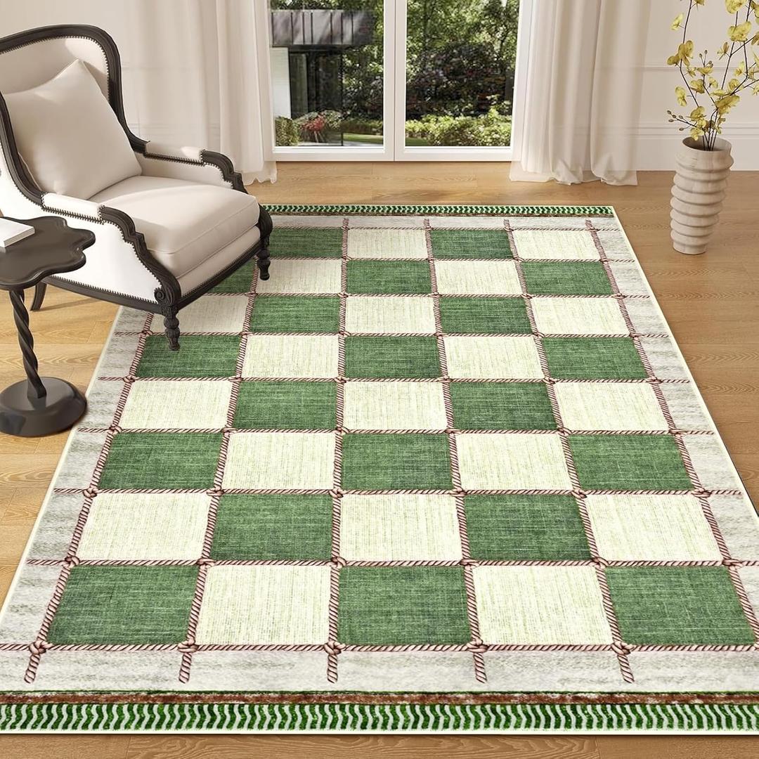 Yinhua Checkered Area Rug 3x5 Rugs for Entryway, Farmhouse Washable Living Room Rug Non Slip Throw Rugs for Bedroom, Soft Faux Wool Distressed Retro Carpet for Beside Kitchen Dorm Bathroom, Green