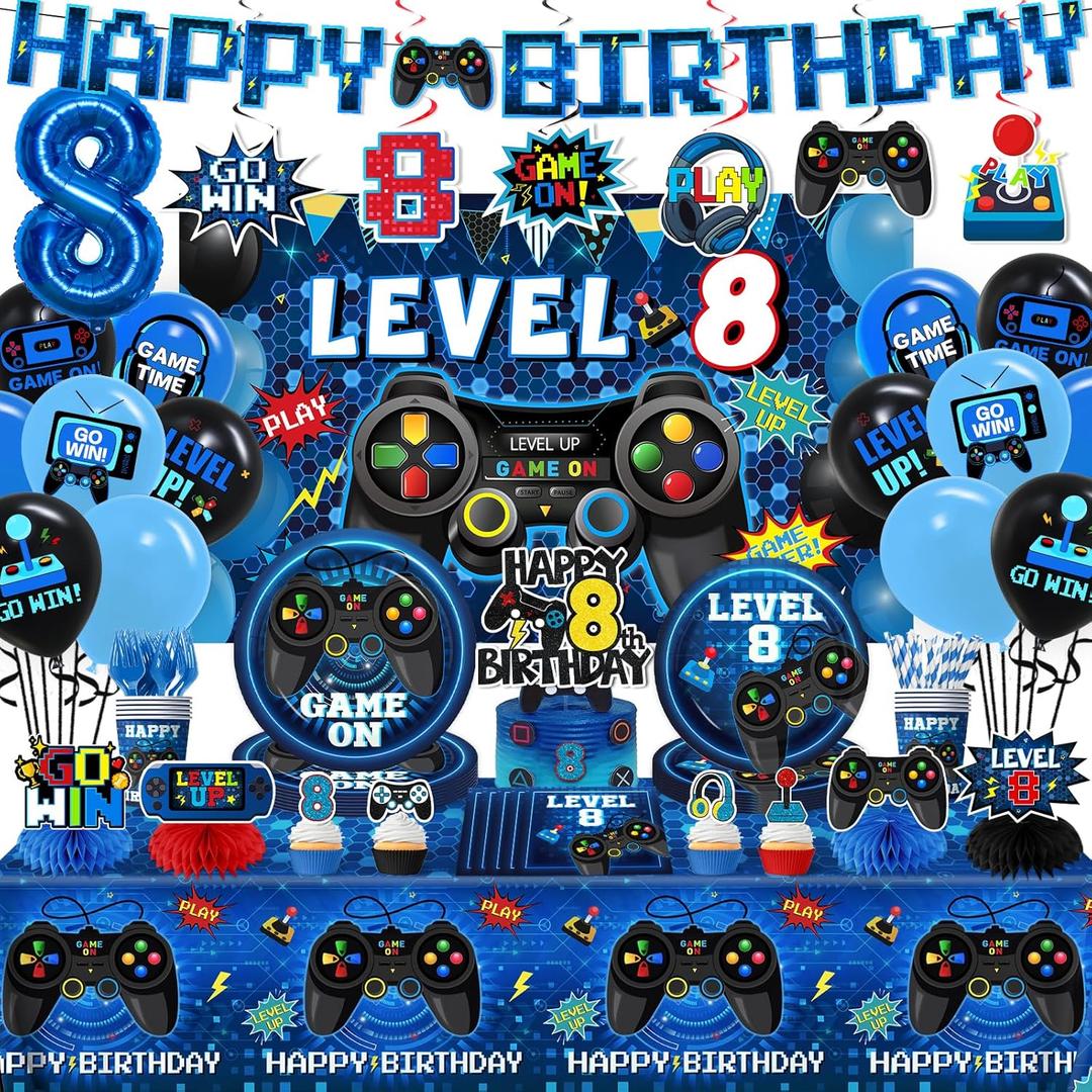 8th Birthday Decorations Boy,197pcs Gamer Birthday Party Decorations Level 8 Birth day Decorations Plates and Napkins Cups Tablecloth Banner Honeycomb for Video Game Party Decorations