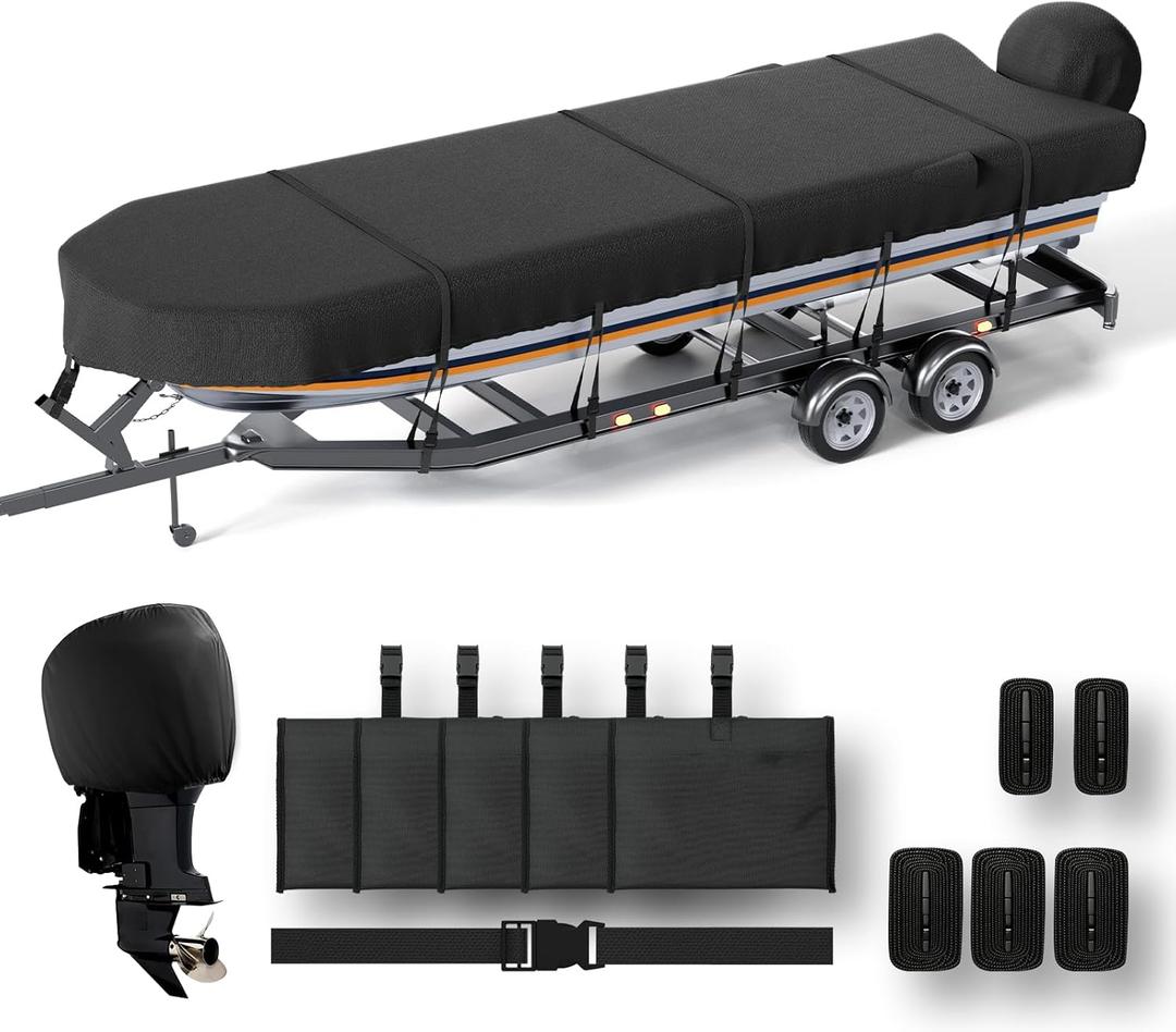 Jon Boat Cover 16ft With Motor Cover, 1200D Heavy Duty Marine Grade Polyester Fabric, Waterproof UV Resistant Mooring Boat Cover With Mooring Sand Bag, Black (14'-16' Long, Beam Width up to 75'')