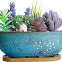 ARTKETTY Succulent Pots, 7.9" Rectangle Succulent Planters with Drainage Tray, Shallow Planters for Indoor Plants Ceramic Cactus Pots Bonsai Flower Plant Container for Home Windowsill Decor (Grainy Blue)