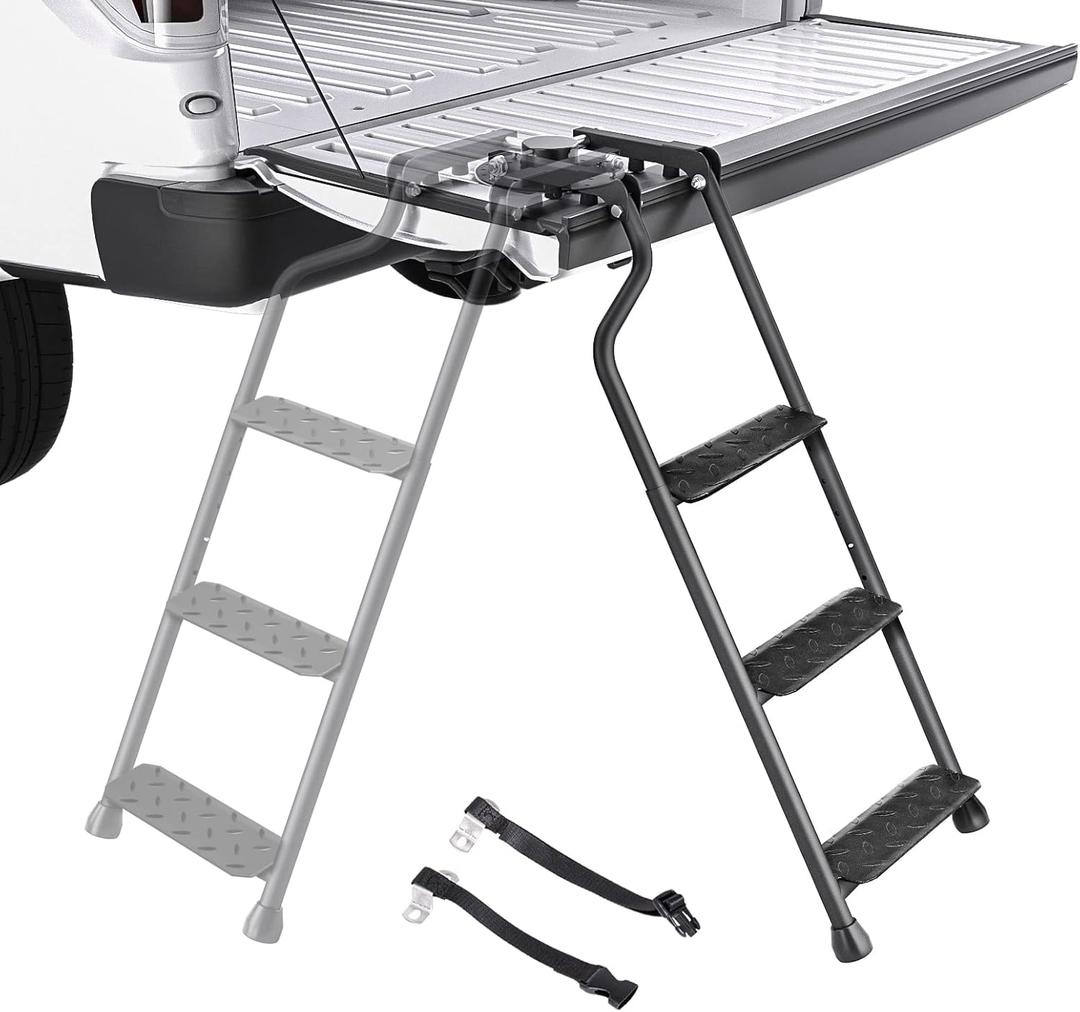 AA Products Tailgate Ladder Foldable Pickup Truck with Wide Pedal Non-Slip Sturdy Easy Install Durable Steel Omni-Directional Ladder Rack Capacity 660 lb(USPTO Patent Pending) (02-black-upgraded Version With Wide Pedal)