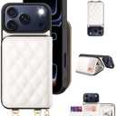 OCASE Compatible with iPhone 17 Pro Max Crossbody Wallet Case with Card Holder, PU Leather Zipper Handbag Phone Purse with RFID Blocking Kickstand Wrist Strap Lanyard 6.9 Inch, Diamond Check White