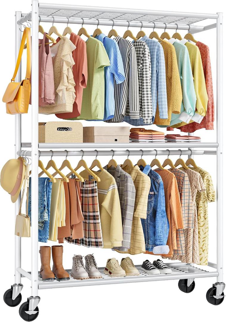 Clothes Rack - 45.2" x 12.6" x 80.7" Clothing Rack with Shelves & Wheels, Multi-Functional Wardrobe Closet with Hooks, Sturdy Metal Garment Rack for Bedroom, Laundry, Balcony (White), XX-Large