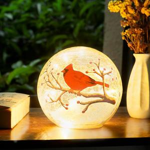 Large Crackle Glass Ball Cardinal Lamp, Light Up Red Cardinal Stained Glass Christmas Decor Accent Lamp, Lighted Red Bird Globe Table Light, Led Sphere Desk Lamp 
