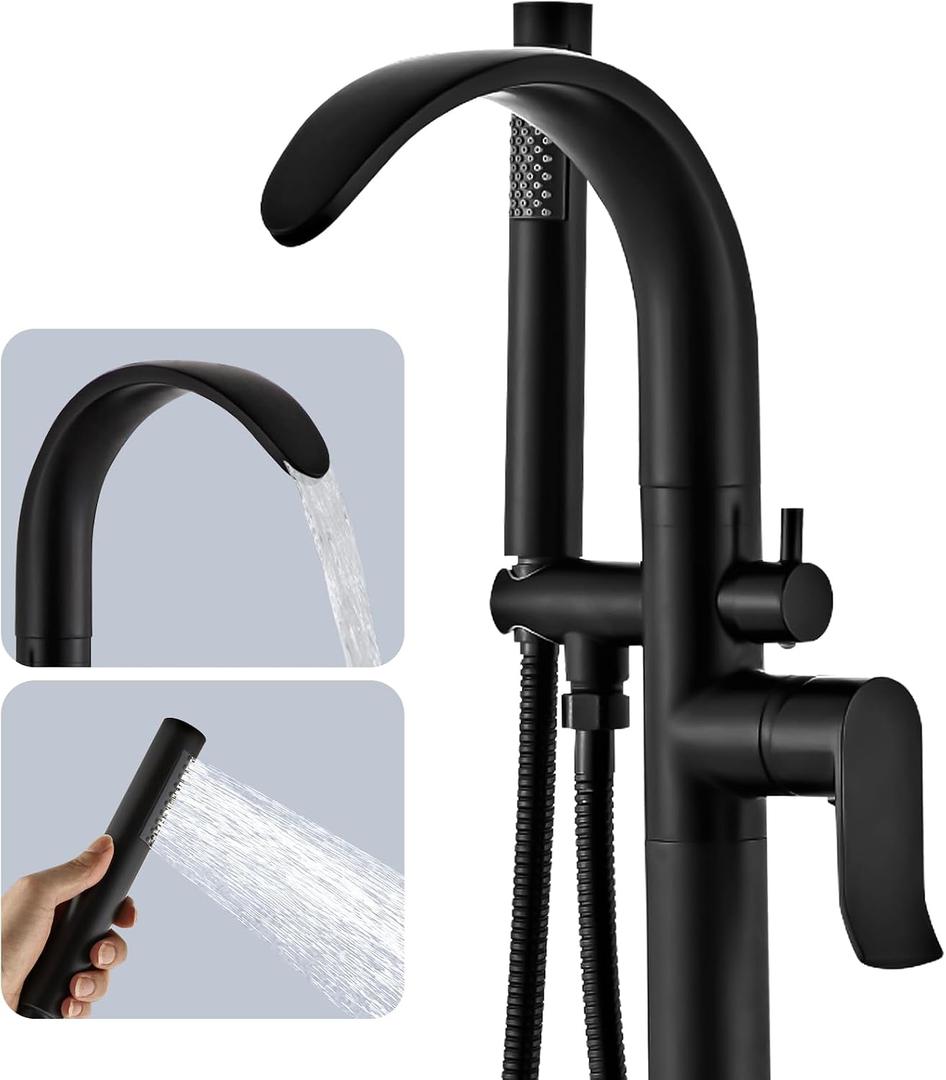 Free Standing Bathtub Faucet Tub Filler Stand Alone Black, Waterfall Floor Mount Brass Standing Tub Faucet with Hand Sprayer