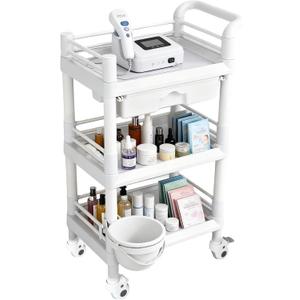 Mobile Medical Trolley 3 Tier Rolling Utility Cart with Dirt Bucket & Drawer, Beauty Salon Cart for Spa Tattoo Waxing, Esthetician Carts for Salon Hospital Dental Clinic Home, Postpartum Cart