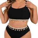 Women's Plus Size 2 Piece Bikini Set Boho Shell Chain High Waisted Modest Swimsuit Bathing Suit (XX-Large Plus, Black)