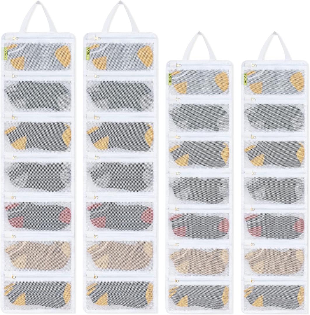 4 Pcs Sock Laundry Bag with Mesh & Zipper, Hanging Laundry Bags for Washing Machine, Adult & Kids Sizes, 28 Pockets, Clear