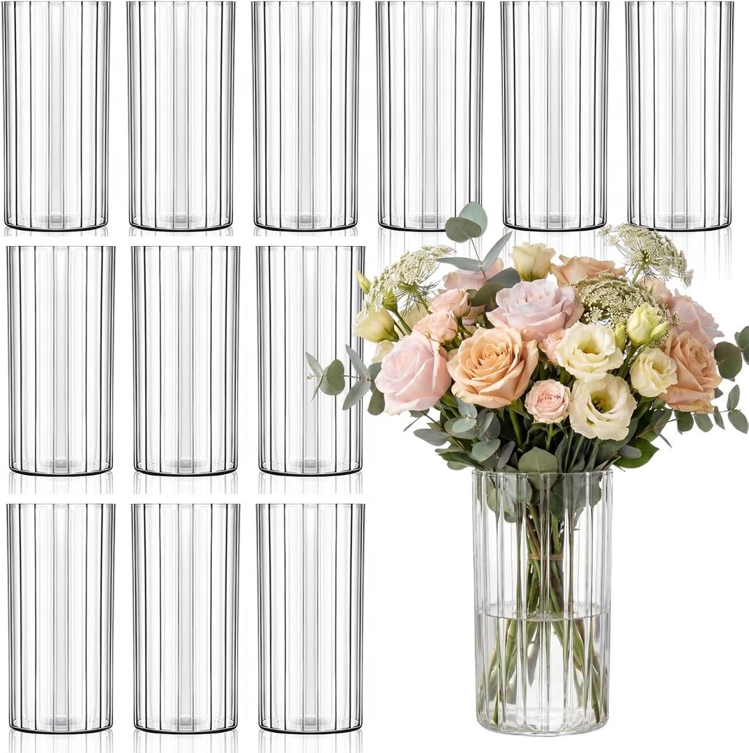 12 Pack Clear Plastic Cylinder Vases for Centerpieces, Cylinder Flower Vase Bulk for Wedding, Floating Hurricane Candle Plastic Cylinders Vase for Home Decor (8 Inch,Ribbed)