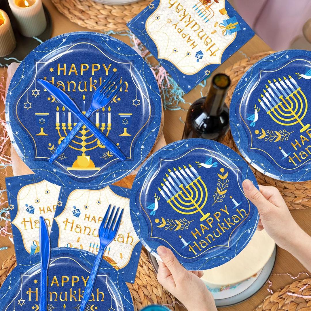Happy Hanukkah Plate and Napkins Hanukkah Party Decorations Tableware Set Jewish Chanukah Party Supplies Paper Plates, Serve for 20 Guests