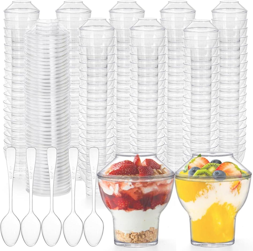 100 Pack 2.5 OZ Plastic Dessert Cups with Lids, Mini Parfait Appetizer Cups, Clear Dessert Shooter Cups with Spoons, Individual Ice Cream Pudding Cup for Jelly, Yogurt, Trifle, Fruit