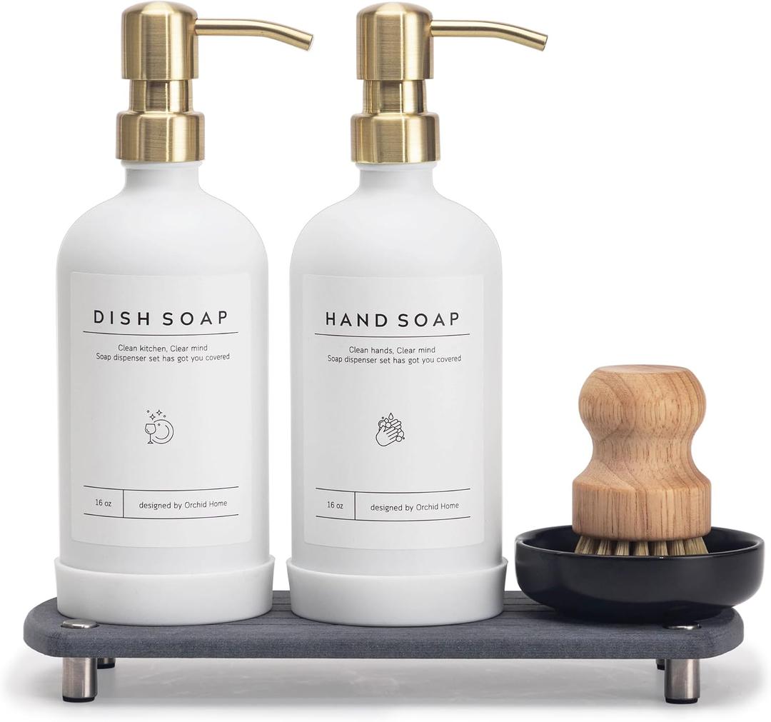 [Luxury] Kitchen Soap Dispenser Set - 16OZ White Glass Bottle, Stainless Steel Pump, Instant Dry Tray, Waterproof Labels, Non-Slip Silicone Pad, and Dish Brush | Upgrade for Your Kitchen and Bathroom