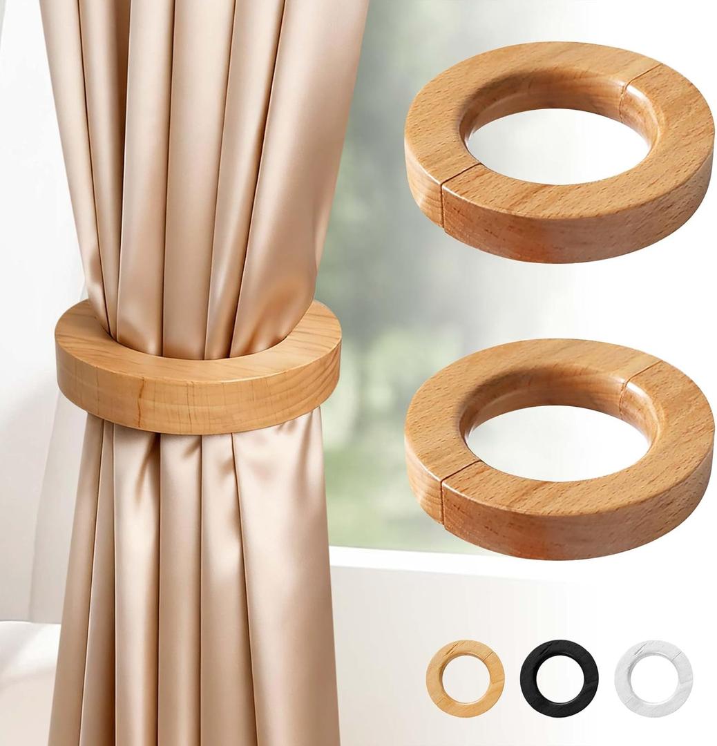 2PCS Wood Curtain Tiebacks Holdbacks,Wooden Magnetic Curtain Tiebacks 3.9 in Diameter,Boho and European Retro Curtain Clips,Strong Magnetic for Home,Office,Gifts,Multifunctional Pants Hanger