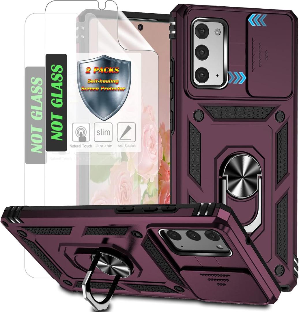 AYMECL for Note 20 Phone Case,Galaxy Note 20 Case,Samsung Note 20 Case with 2 Pcs Self-Healing Film,Slide Camera Cover Protective Case with Magnetic Ring Kickstand for Samsung Galaxy Note 20,Wine Red