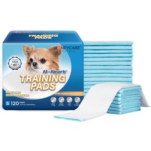 Honey Care All-Absorb, Small 17.5" x 23.5", 120 Count, Dog and Puppy Training Pads, Ultra Absorbent and Odor Eliminating, Leak-Proof 5-Layer Potty Training Pads with Quick-Dry Surface, Blue, A05