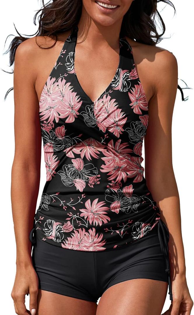 Women Two Piece Tankini Halter Padded Adjustable Drawstring Swimsuit with Boyshorts (Large, Floral Print) Women Two Piece Tankini Halter Padded Adjustable Drawstring Swimsuit with Boyshorts (Large, Floral Print)