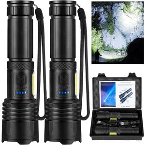 Rechargeable LED 90,000 High Lumens Flashlights, 2 Pack Super Bright Flash Light with Cob, 7 Modes Waterproof Powerful Flashlight for Home