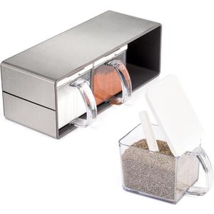 ZENFUN 3 Grids Seasoning Organizer Box, Stainless Steel Salt Container with Lid and Spoon, Seasoning Containers with Stainless Steel Rack for Home, Kitchen, Cafe, Storing Salt, Sugar, Pepper, Spice