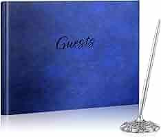 Leather Guest Book and Pen Stand Set, 10.5" x 8" Embossed Guests Sign in Book Registry Book for Funeral, Wedding Reception, Vacation Homes and Events, 80 Sheets (Blue)