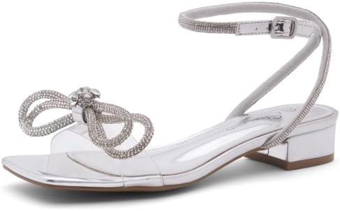 Shoe Land Women's Low Heels Dressy Sandals for 2025-1 Inch Chunky Block Short Heels | Square Open Toe with Adjustable Ankle Strap | Wedding & Party Heeled Sandals