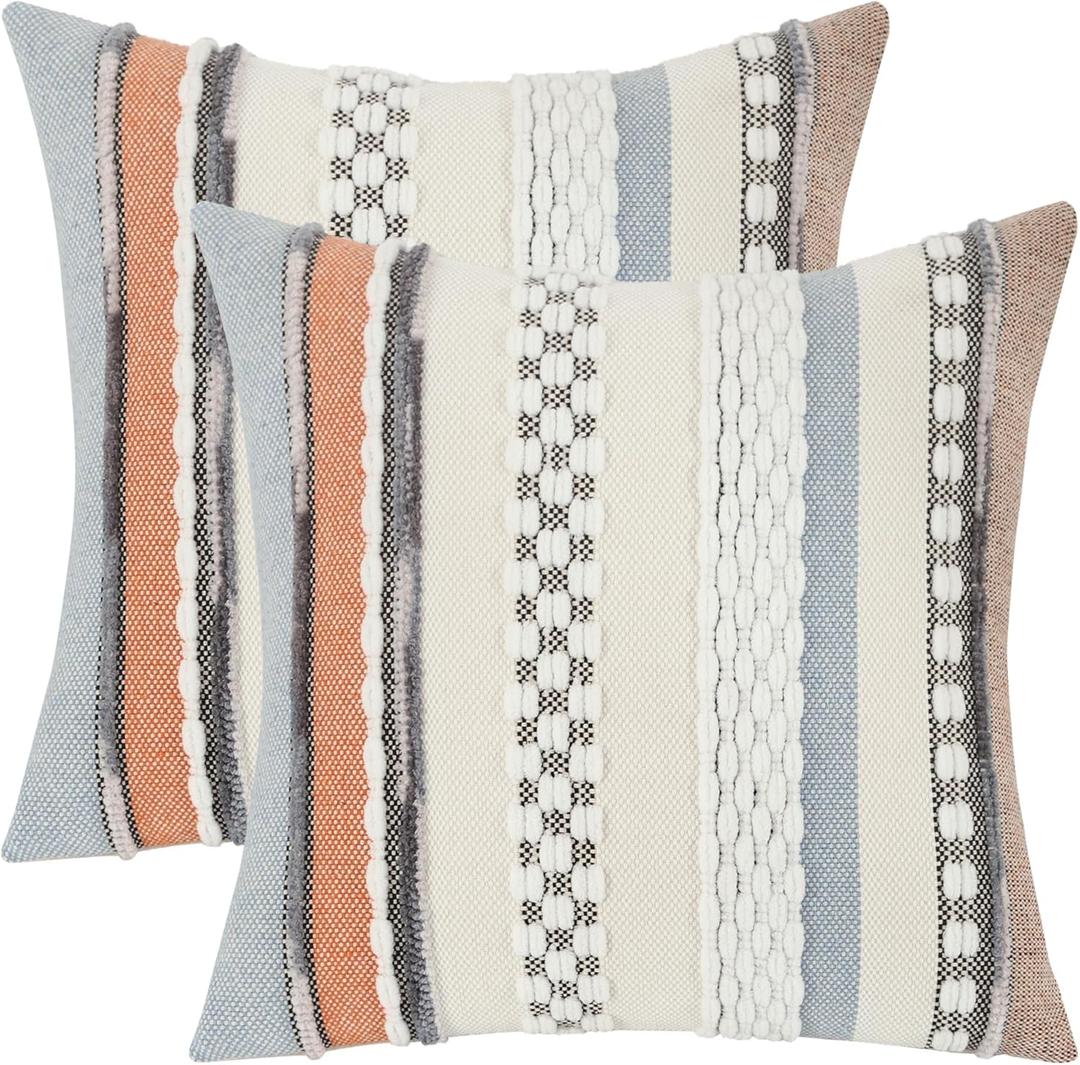 Boho Throw Pillow Covers 18x18 Set of 2 Striped Decorative Pillow Cases Accent Chenille Pillowcases Farmhouse Cushion Case Bohemian Nuetral Textured Pillow Cover,Orange and Blue 