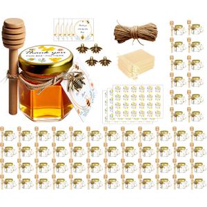 Adabocute Honey Pot, Mini Honey Jars with Wood Dipper, Gold Lid, Bee Pendants, Beige Gift Bags, Thanks for Beeing Here Tags, Mini Honey Jars for Baby Shower Favors Wedding Favors, 60 Pack