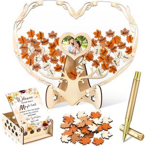 Wenqik 63 Pcs Fall Thanksgiving Wedding Guest Book Alternatives Set Bridal Shower Decorations with Photo Frame Sonogram Frame Keepsake 60 Wood Slices Guest Book for Wedding(Fall in Love)