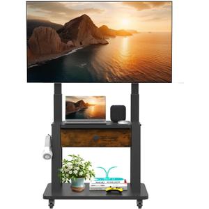 Rolling TV Stand with Fabric Drawer Storage for 32-75 Inch Flat/Curved Screen up to 220lbs LCD/LED/OLED Adjustable Height Mobile TV Cart with Wheels for Home Office Outdoor Max VESA 600x400mm