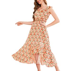 Aupuls Womens High Low Floral Maxi Dress V Neck Spring Ruffle Beach Summer Wedding Guest Dress