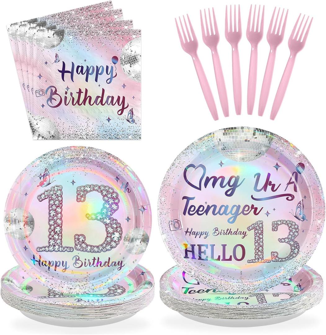 96Pcs 13th Birthday Party Decorations for Girls Teenager Plates and Napkins Iridescence Silver Pink 13th Tableware for Teenager Girls Thirteen Birthday Party Decorations Serve 24