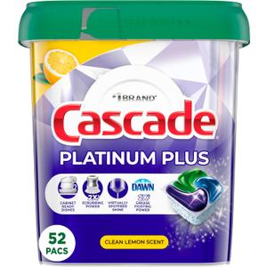 Cascade Platinum Plus Dishwasher Pods, Dish Detergent ActionPacs, Cleaning Supplies, Lemon, 52 Count