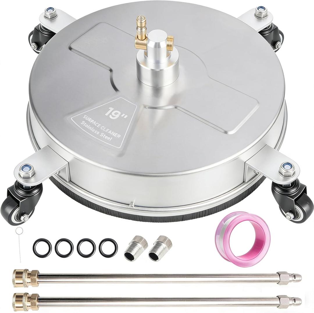 19" Pressure Washer Surface Cleaner with 4 Wheels, Stainless Steel Power Washer Surface Cleaner for Driveways Sidewalks Patios, 1/4" Quick Connector, 2 Extension Wand, 4000 PSI (19 Inch Silver)