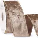 Ribbli Camel Crushed Velvet Wired Ribbon with Beaded Pearl Edge, 2-1/2 Inch 10-Yard for Gift Wrapping Christmas Tree Decoration Crafts Wreaths Supplies