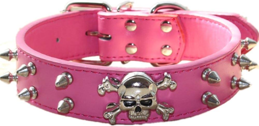 Spiked Leather Dog Collar - 2 Rows Bullet Rivets Studded PU Leather - Cool Skull Pet Accessories for Medium and Large Dogs(Hot Pink,M)