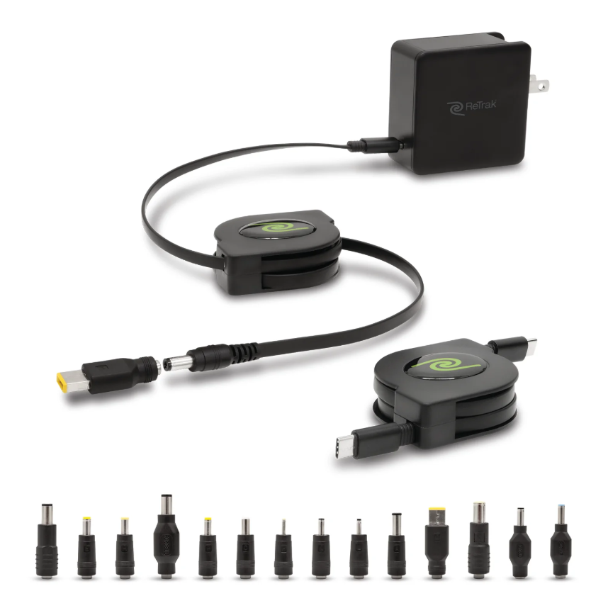 ReTrak 67 W Retractable Universal Laptop Charger and Power Adapter with 14 Tips