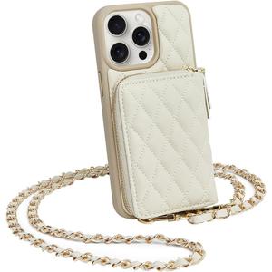 LAMEEKU for iPhone 15 Pro Wallet Case, Crossbody Case with Card Holder Quilted Leather Zipper Purse, Wrist Strap Lanyard Chain Cover for Women for iPhone 15 Pro 6.1" Beige