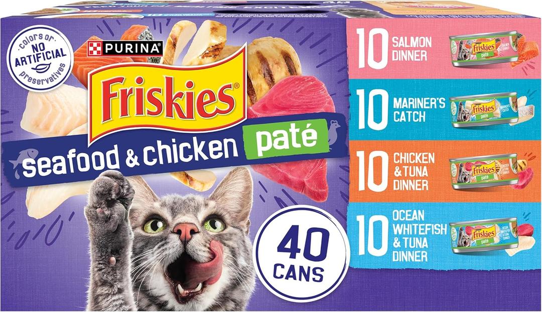 Purina Friskies Pate Wet Cat Food Variety Pack Seafood and Chicken Pate Favorites 40ct VP - (Pack of 40) 5.5 oz. Cans (EXP 05/01/27)
