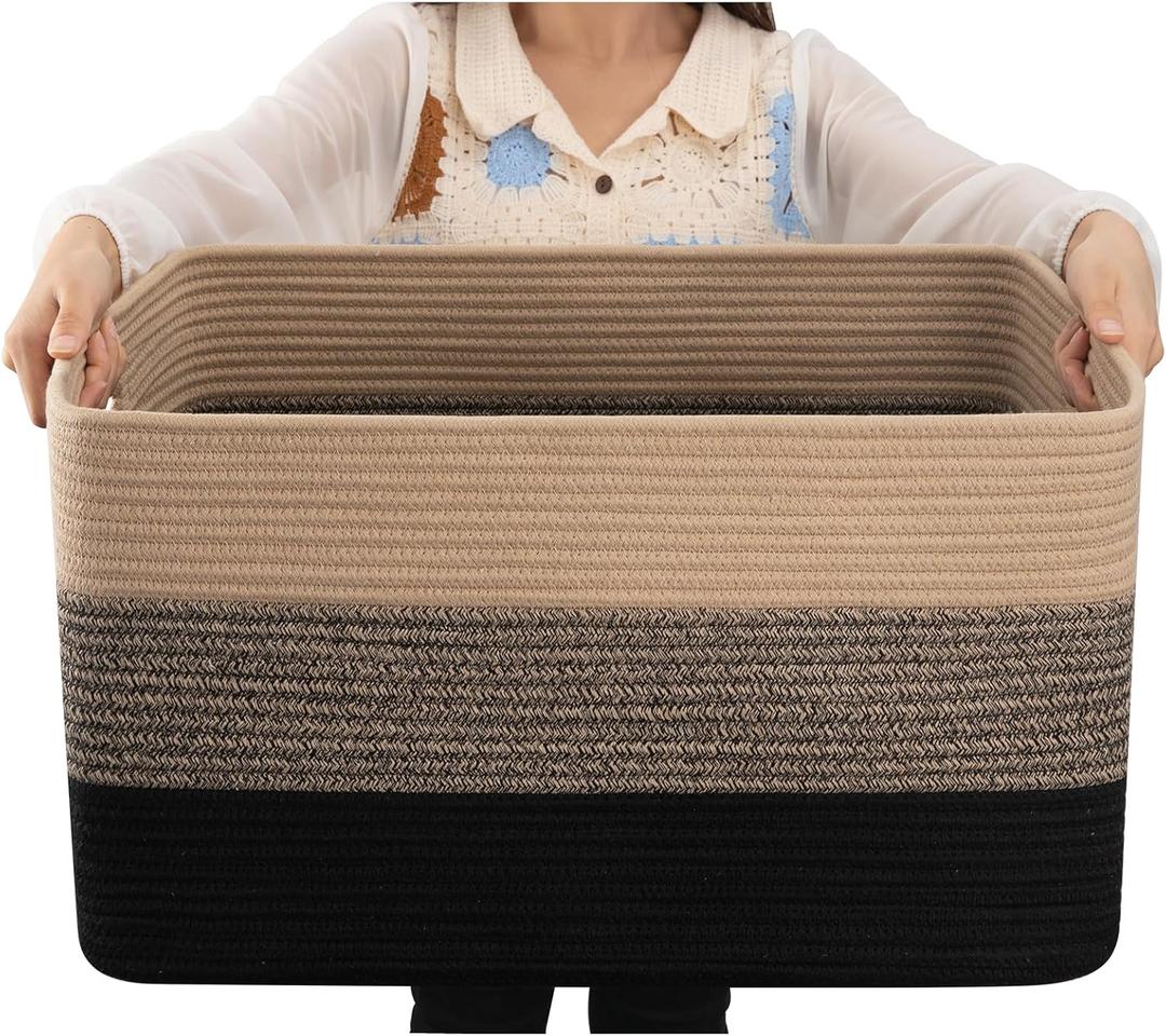 OIAHOMY Large Blanket Basket, 22x17x12 Rectangle Woven Baskets, Nursery Blanket Storage Living Room, Toy Storage With Handle, Large Baskets for Organizing-Yellow Black