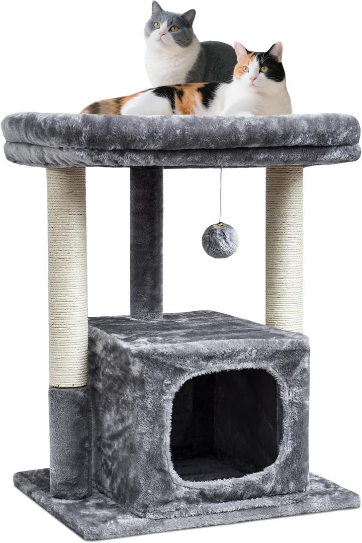 SYANDLVY 27IN Cat Tree for Indoor Cats Large Adult, Modern Activity Tower with Scratching Posts, Condo with Plush Perch, Climbing Stand with Spring Ball for Play, Grey