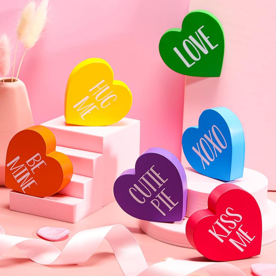 Qunclay 6 Pcs Valentine's Day Decorations Wooden Heart Home Decor Conversation Signs Tiered Tray Farmhouse Sweetheart Shape Table Blocks for Office Wedding Anniversary Party Supplies(Multi Color)