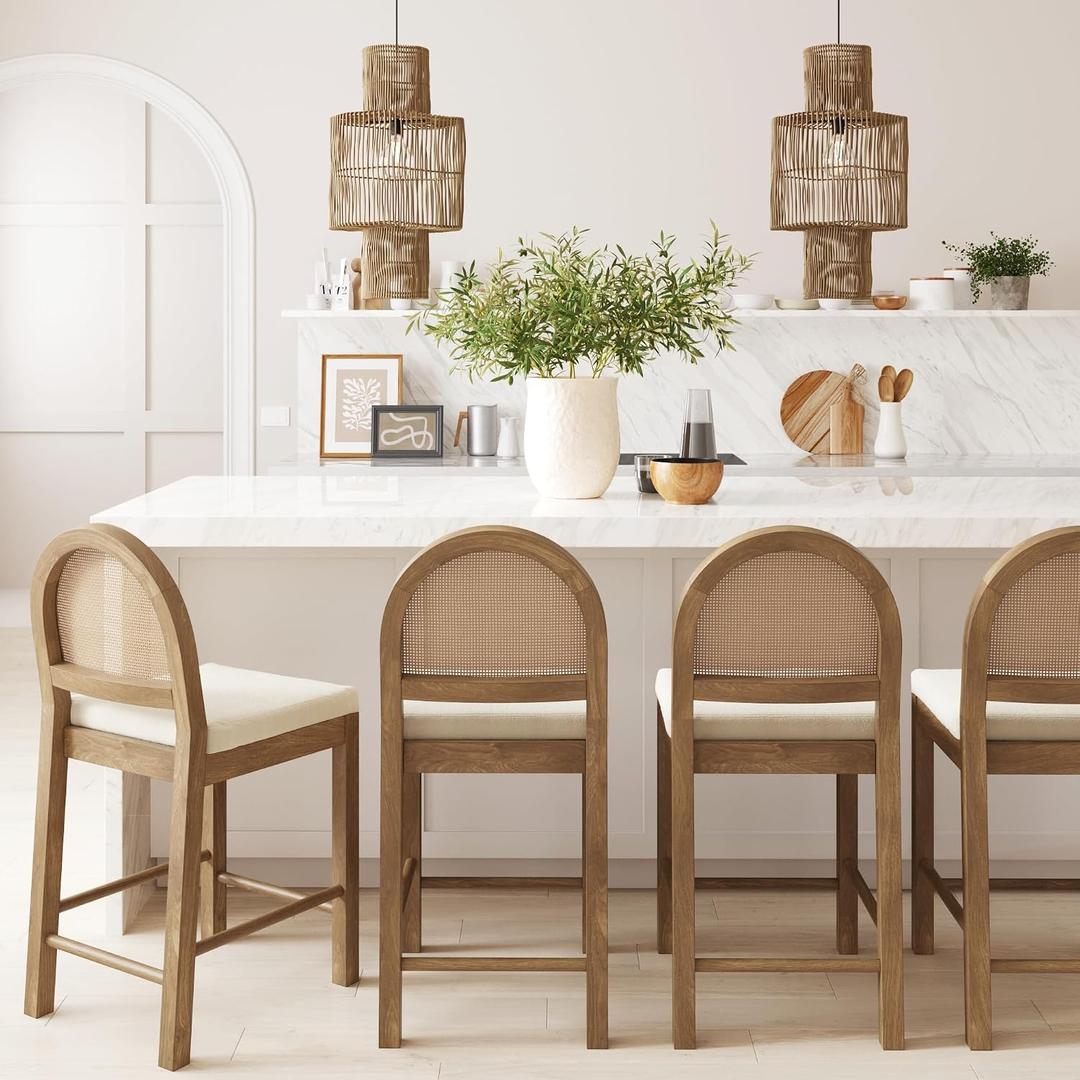 Nathan James Bailey Boucle Upholstered Rattan Bar Stool, Counter Height Stool with Natural Rattan Woven Back For Kitchen Island, Light Brown, Set of 4