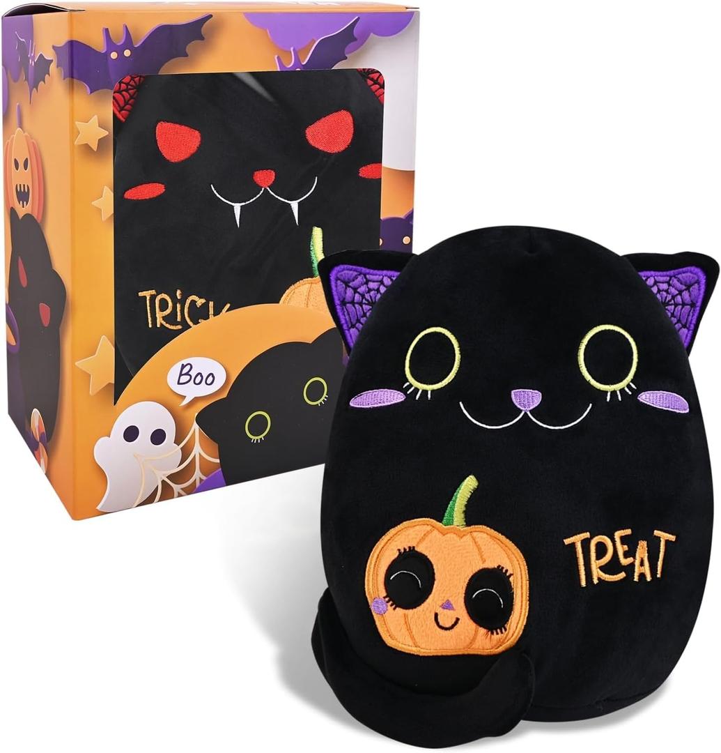 Halloween Two-Sided Black Cat Stuffed Animal- 9.4 inches Trick or Treat Halloween Stuffed Animal Black Cat Plush with Themed Packaging for Gifts, Décor, and Collectibles