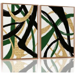 Yolbcdr Framed Wall Art Abstract Canvas Wall Art Set of 2 Black Gold and Green Decor Pictures Modern Print Artwork for Bedroom Living Room Office 12x16 inch Framed