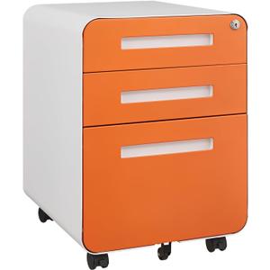 GarveeHome 3 Drawer Mobile File Cabinet with Lock, Under Desk Metal Filing Cabinet for Home Office, Under Desk Storage with 5 Wheels for A4/Letter/Legal Size, Fully Assembled (Orange Color)