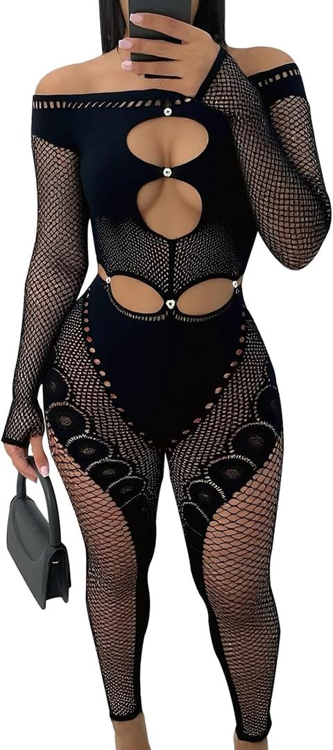 WEICHUJIAN Sexy One Piece Mesh Jumpsuit For Women Hollow See Through Bodysuit Off Shoulder Club Romper, S/M