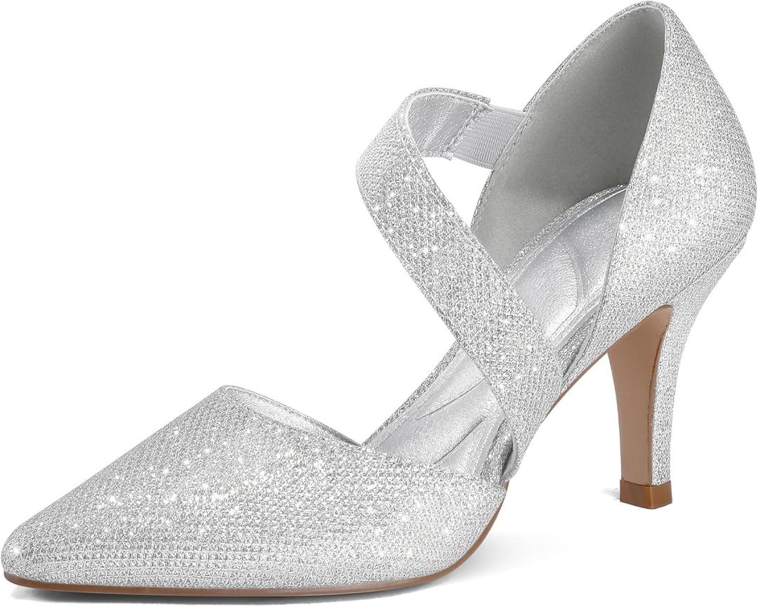 mysoft Women's Pointed Toe Low Stiletto Heel Dress Pumps Shoes, 6, Silver Glitter