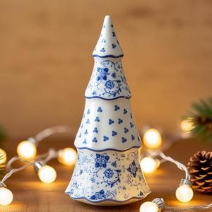 Cynkeyee Decorative Ceramic Christmas Tree Statue - Blue and White Chinoiserie Pattern Cone Shaped, Tabletop Holiday Decor 8.5x4x4 Inches