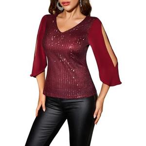 Dressystar Elegant Sequin Tops for Women, V-Neck Long Split Sleeve Blouses for Evening Party, Dressy and Sparkly Bling Shirt, Medium